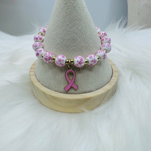 Chinese-Style Ceramic Floral Beaded Stretch Bracelet w/ Pink Breast Cancer Charm - Picture 2 of 6